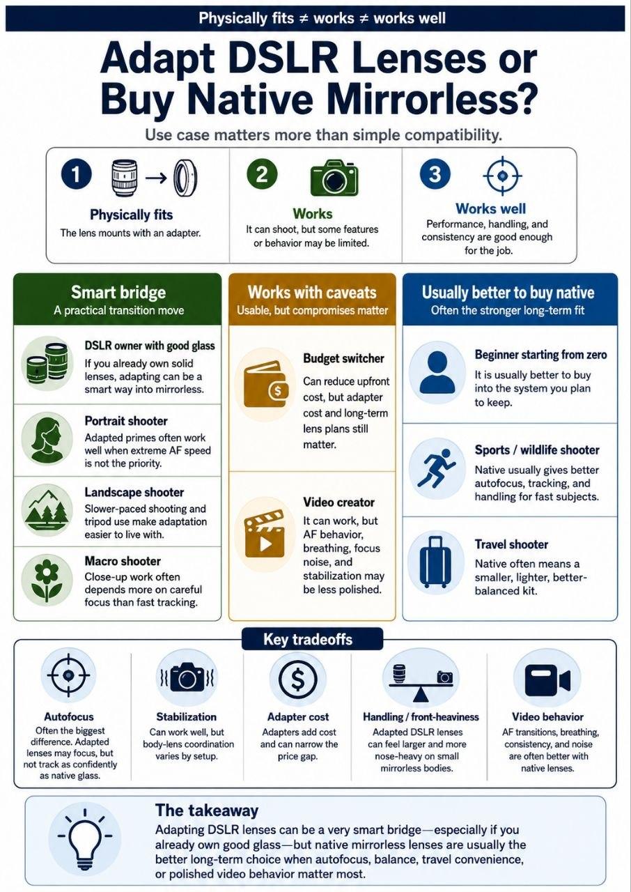 Infographic comparing when adapting DSLR lenses is a smart bridge and when native mirrorless lenses are the better long-term choice