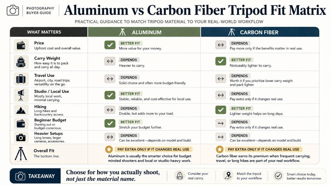 Aluminum vs carbon fiber tripod fit matrix infographic