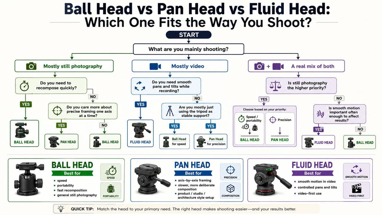 Ball head vs pan head vs fluid head decision tree infographic