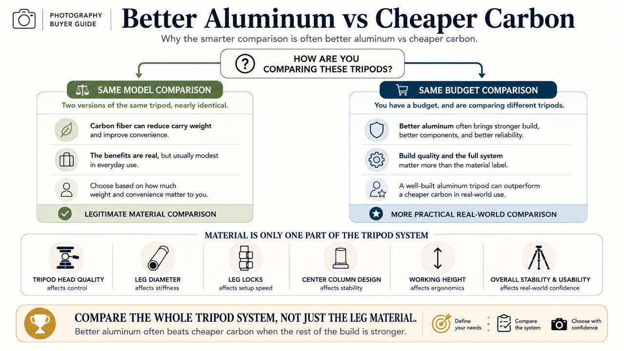 Better aluminum vs cheaper carbon tripod comparison infographic