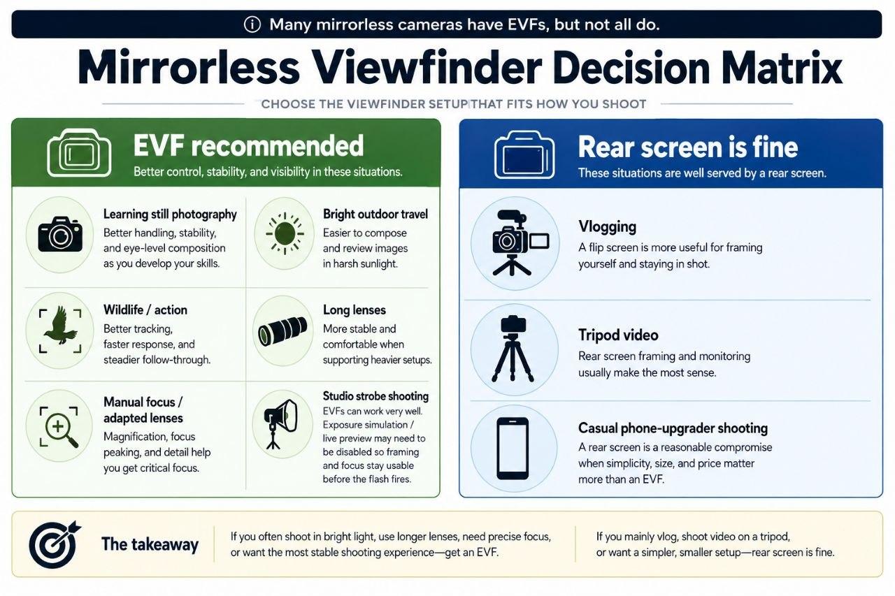 Mirrorless viewfinder decision matrix showing when an EVF is recommended and when a rear screen is fine