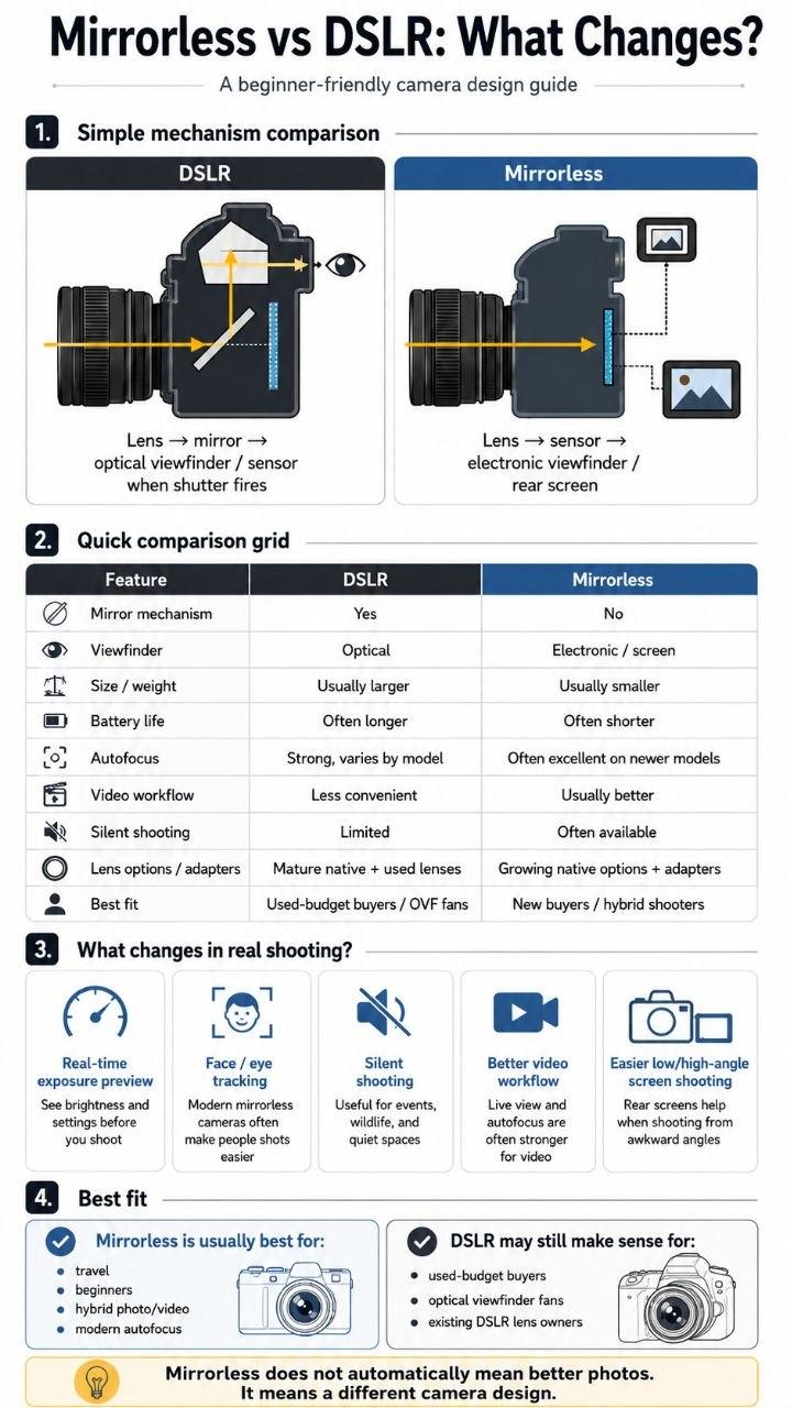 Infographic comparing DSLR and mirrorless cameras, including mirror mechanism, viewfinder, battery life, autofocus, video workflow, silent shooting, lens options, and best-fit use cases.
