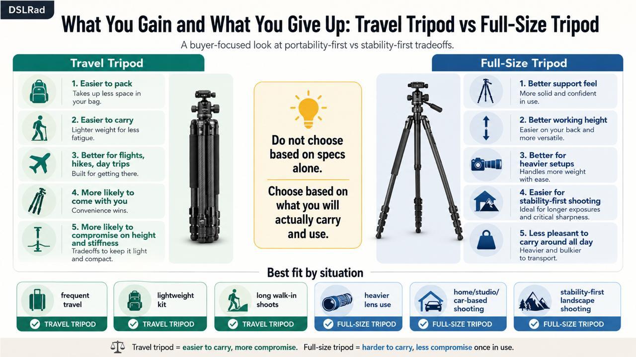 Travel tripod vs full-size tripod compromise matrix infographic