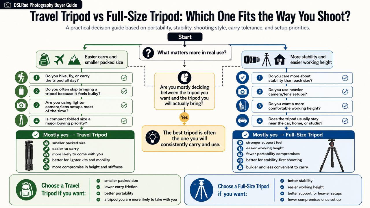Travel tripod vs full-size tripod decision tree infographic